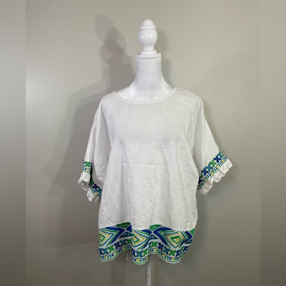 Falls Creek White Linen cotton Embroidered Flutter Short Sleeves 2X